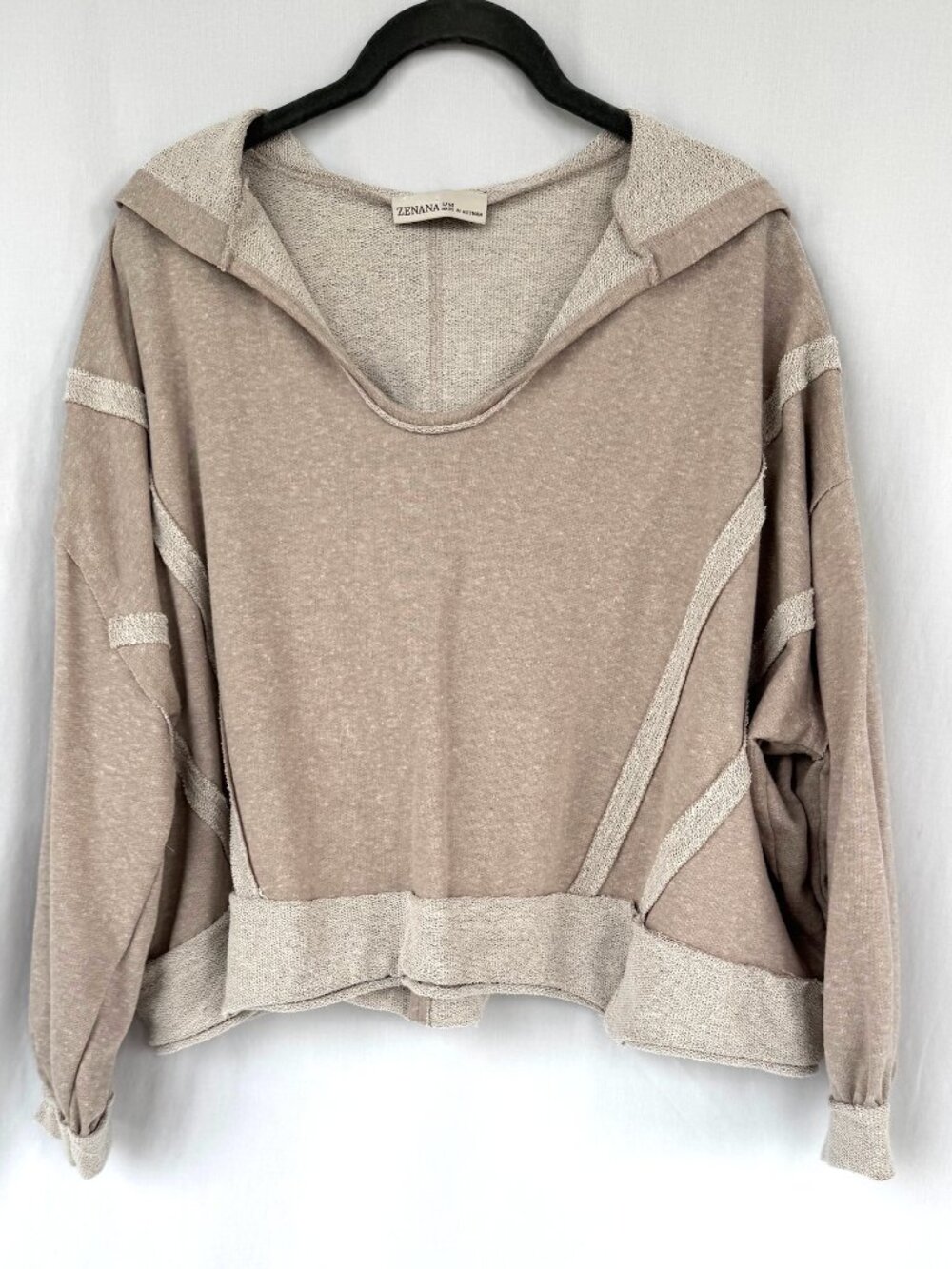 Zenana oversized hooded pullover in a heathered oatmeal/taupe neutral. Relaxed,